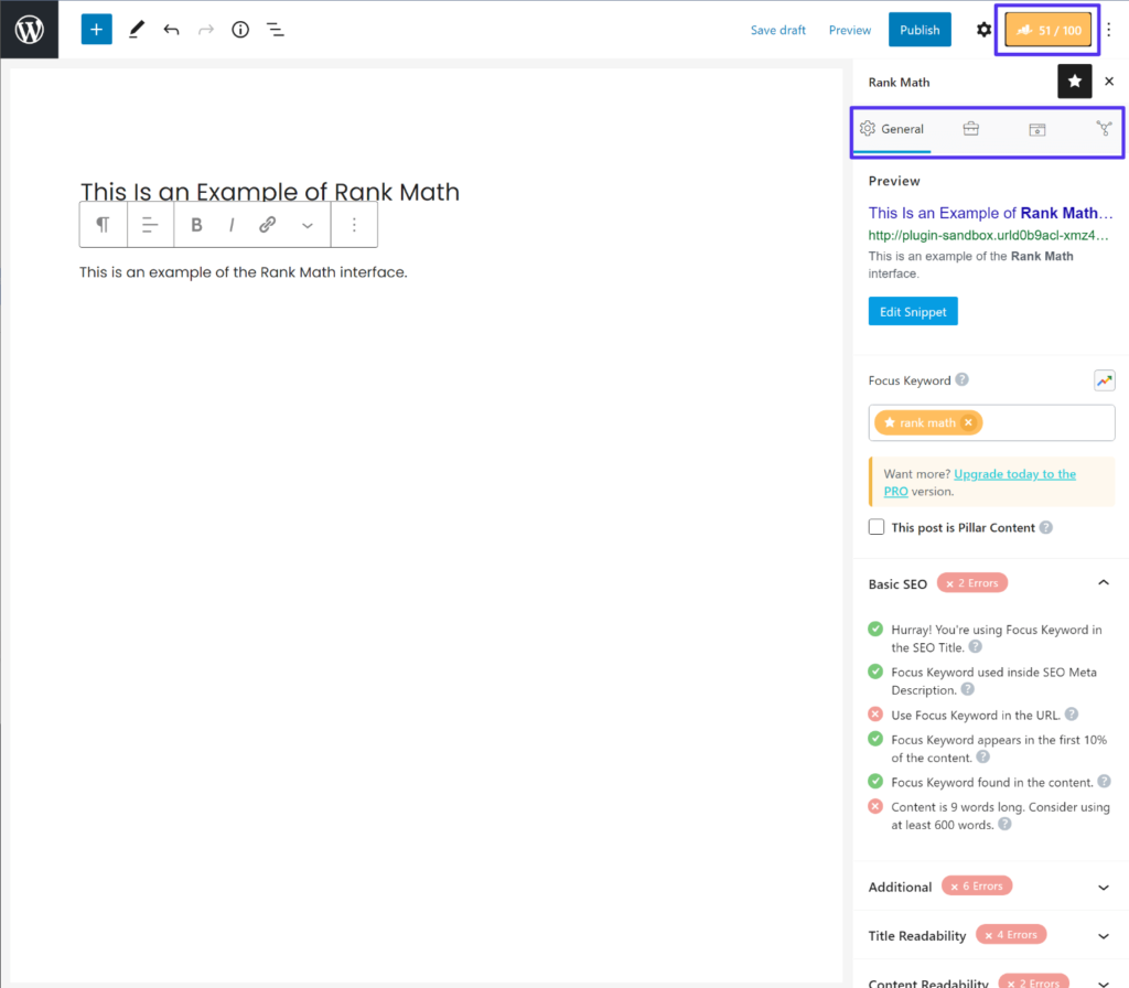 Blok düzenleyicideki Rank Math arayüzü