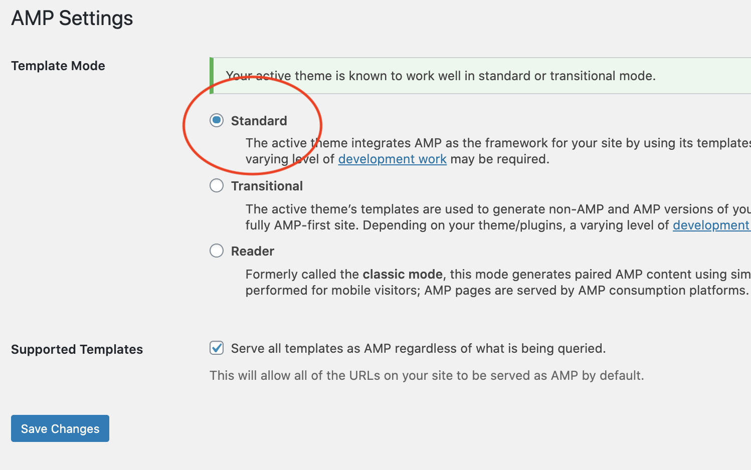 AMP settings inside the WordPress dashboard