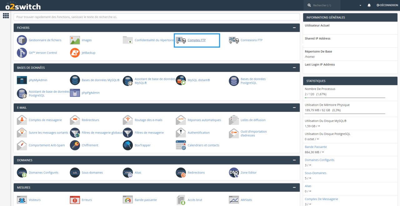 O2Switch cPanel ana ekranı.