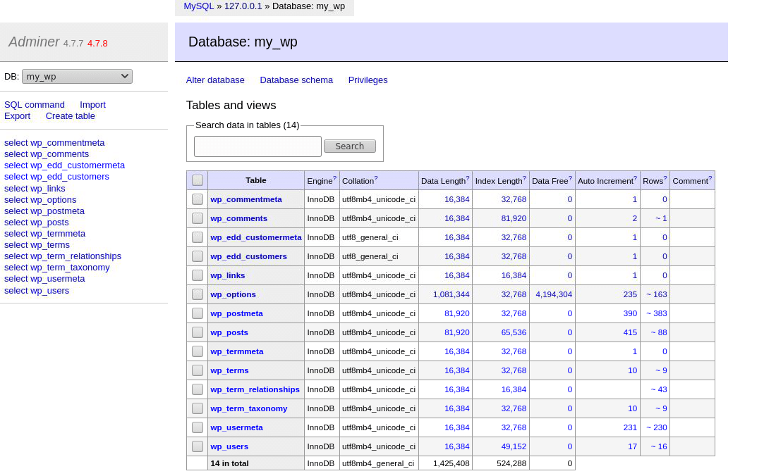 Adminer ile bir WordPress veritabanını keşfetme